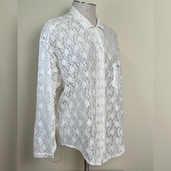 Vintage MONTRER Off-White Lace Button-Up 3/4 Sleeve Shirt Made in Korea Size L - Picture 5 of 9